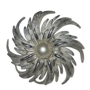 Vintage Silver Starburst Faux Pearl Center Sarah Coventry Brooch